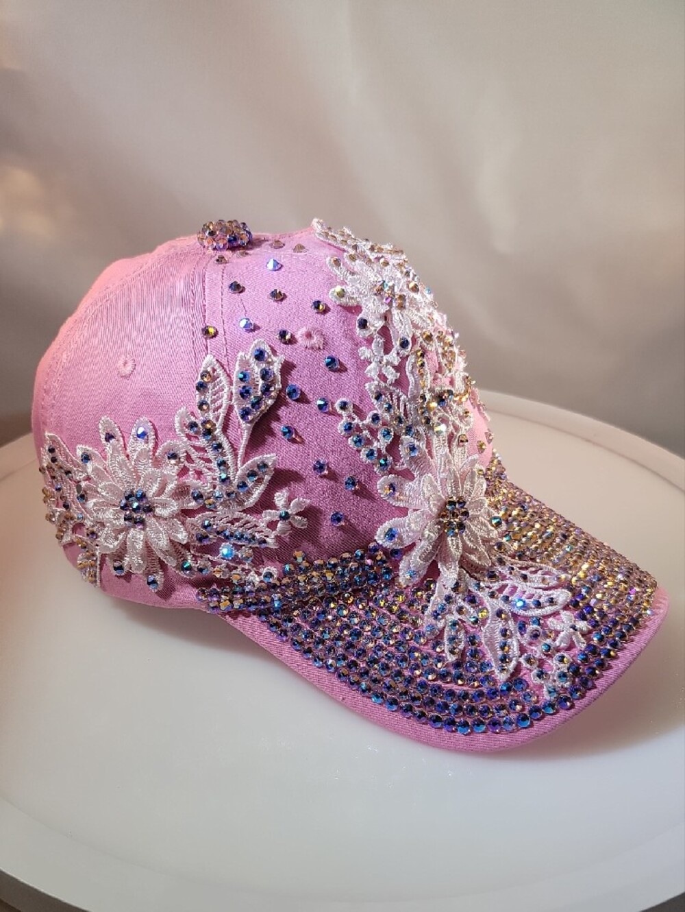 Bedazzled Pink Crystal Embellished Floral Baseball Cap - Picture 2 of 6